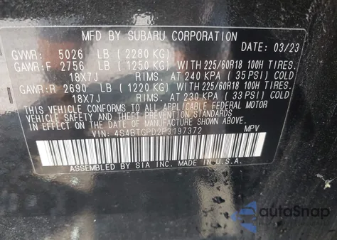 2023 Subaru Outback Touring Xt из США, поврежденный, VIN 4S4BTGPD2P3197372